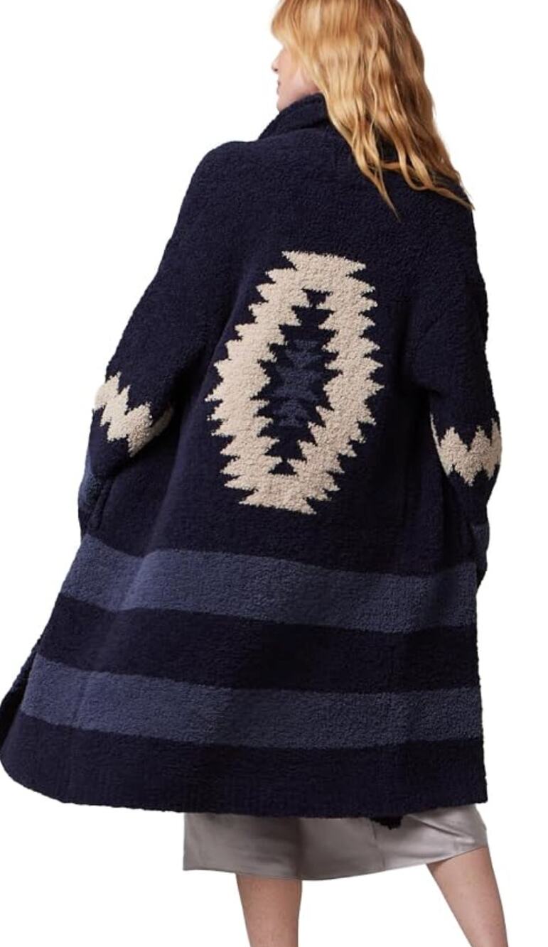 NWT Kashwere Aztec Long Shawl Collar Coat Sweater One Size Blue White